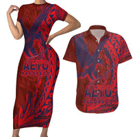 American Samoa Pago Pago Aeto Couples Matching Short Sleeve Bodycon Dress and Hawaiian Shirt Wingstyle Red-Blue Color LT03 Red - Polynesian Pride