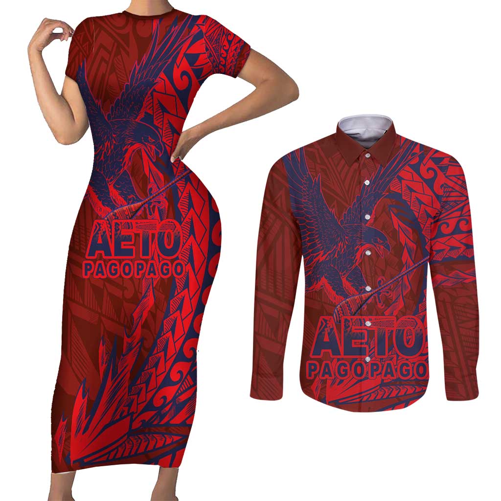 Samoa Pago Pago Aeto Couples Matching Short Sleeve Bodycon Dress and Long Sleeve Button Shirt Wingstyle Red-Blue Color - Polynesian Pride