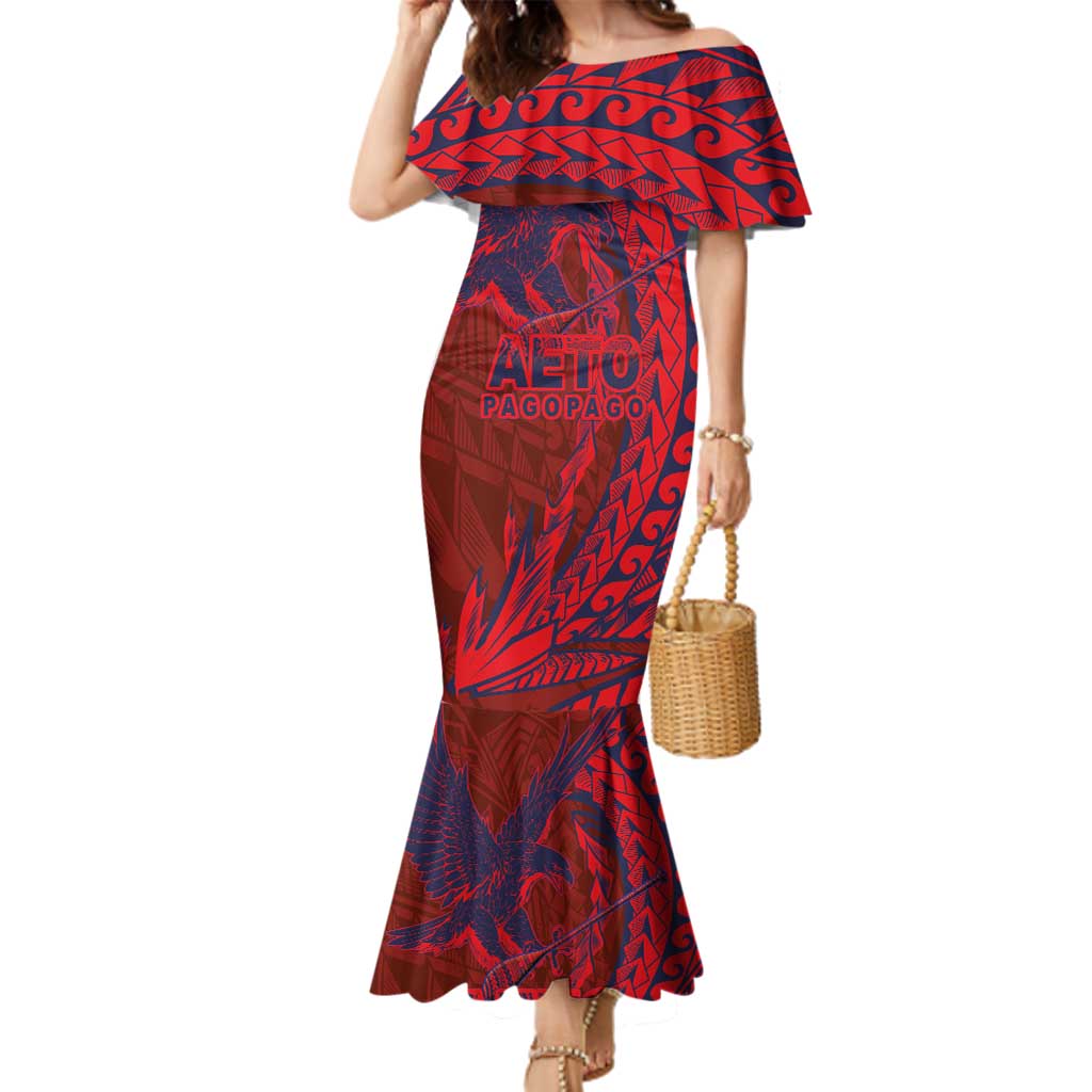 Samoa Pago Pago Aeto Family Matching Mermaid Dress and Hawaiian Shirt Wingstyle Red-Blue Color - Polynesian Pride