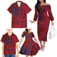 Samoa Pago Pago Aeto Family Matching Off The Shoulder Long Sleeve Dress and Hawaiian Shirt Wingstyle Red-Blue Color - Polynesian Pride