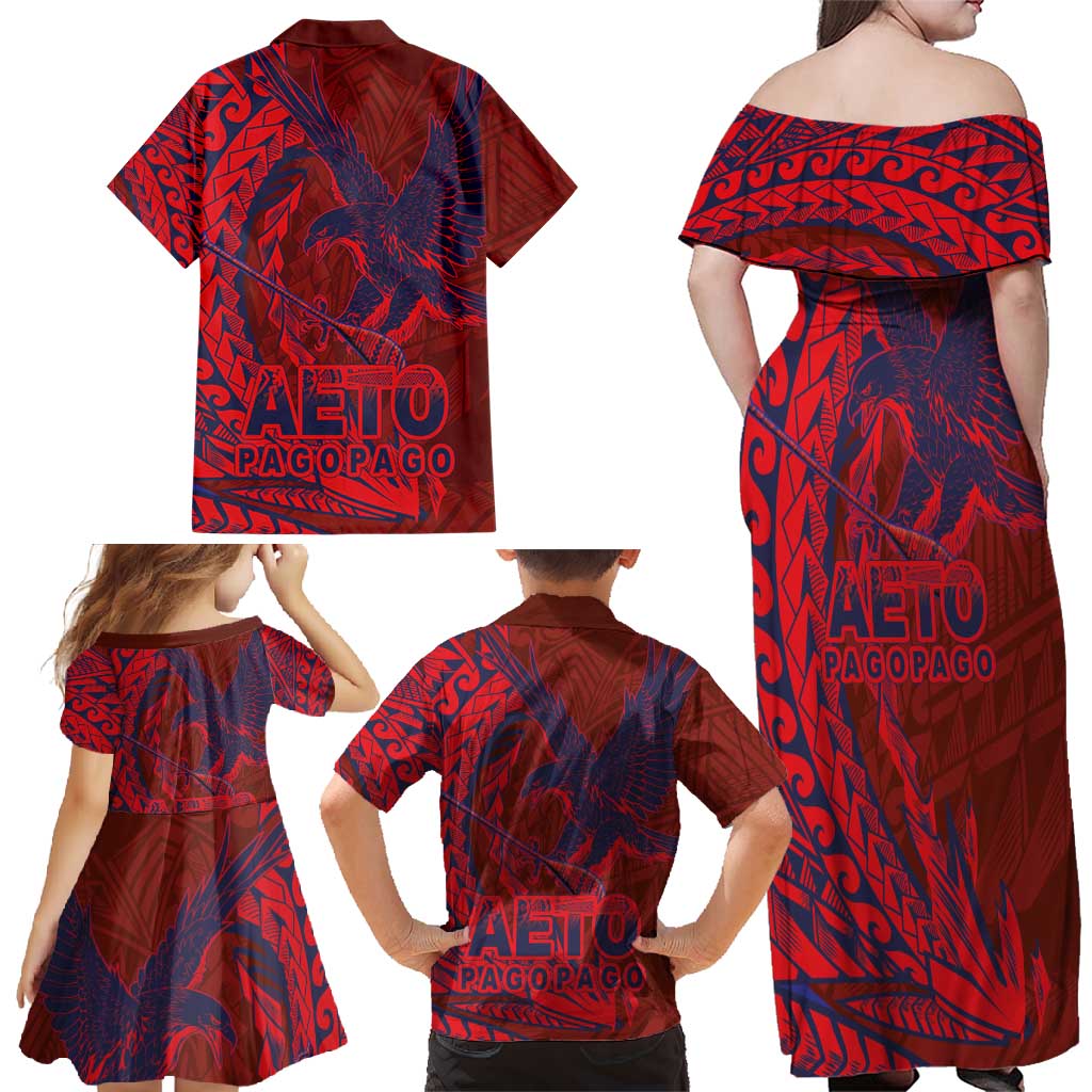 Samoa Pago Pago Aeto Family Matching Off Shoulder Maxi Dress and Hawaiian Shirt Wingstyle Red-Blue Color - Polynesian Pride