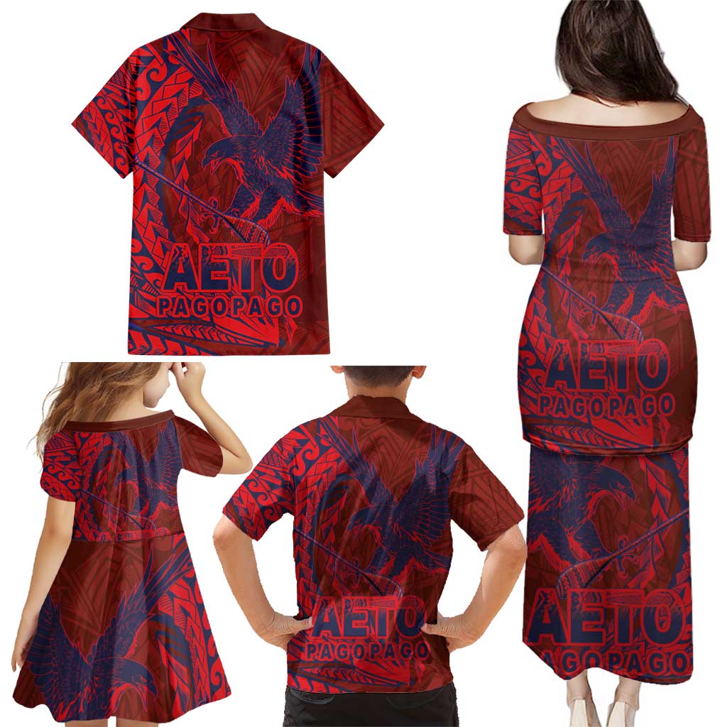 Samoa Pago Pago Aeto Family Matching Puletasi and Hawaiian Shirt Wingstyle Red-Blue Color - Polynesian Pride