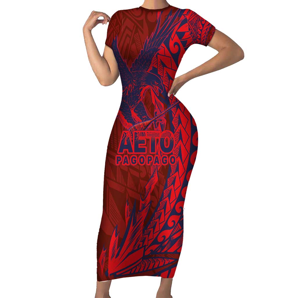 Samoa Pago Pago Aeto Family Matching Short Sleeve Bodycon Dress and Hawaiian Shirt Wingstyle Red-Blue Color - Polynesian Pride