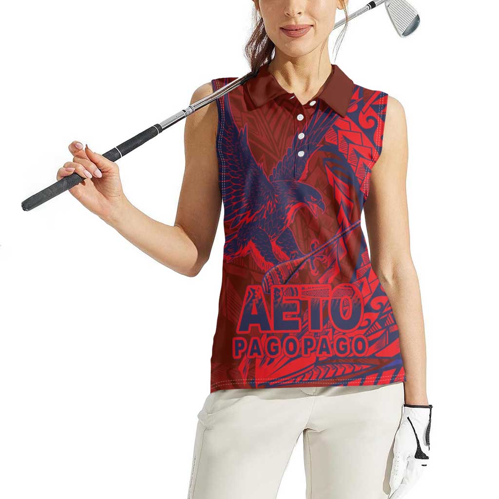 Samoa Pago Pago Aeto Women Sleeveless Polo Shirt Wingstyle Red-Blue Color - Polynesian Pride
