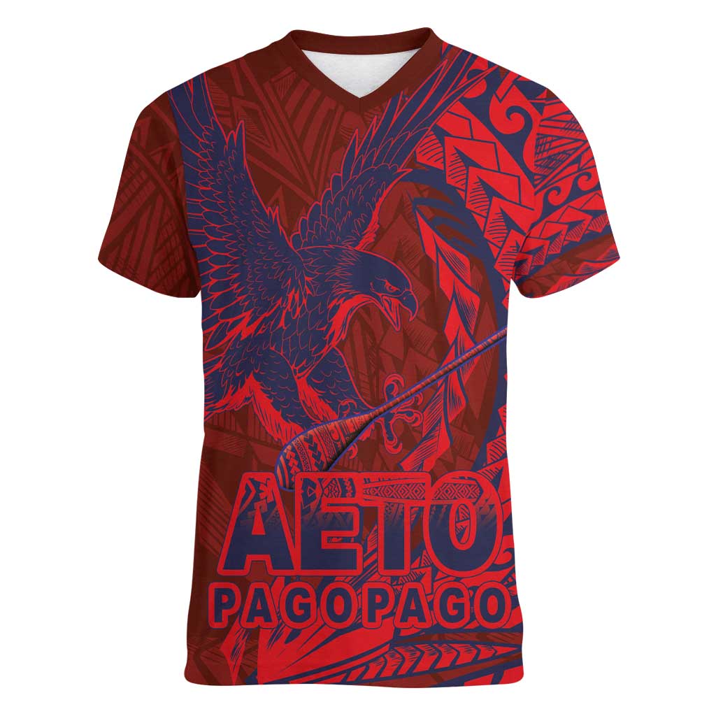 Samoa Pago Pago Aeto Women V-Neck T-Shirt Wingstyle Red-Blue Color - Polynesian Pride
