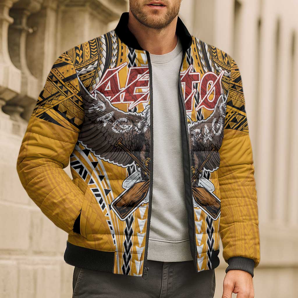 Samoa Pago Pago Aeto Bomber Puffer Jacket Bald Eagle with Polynesian Art Tattoos - Polynesian Pride