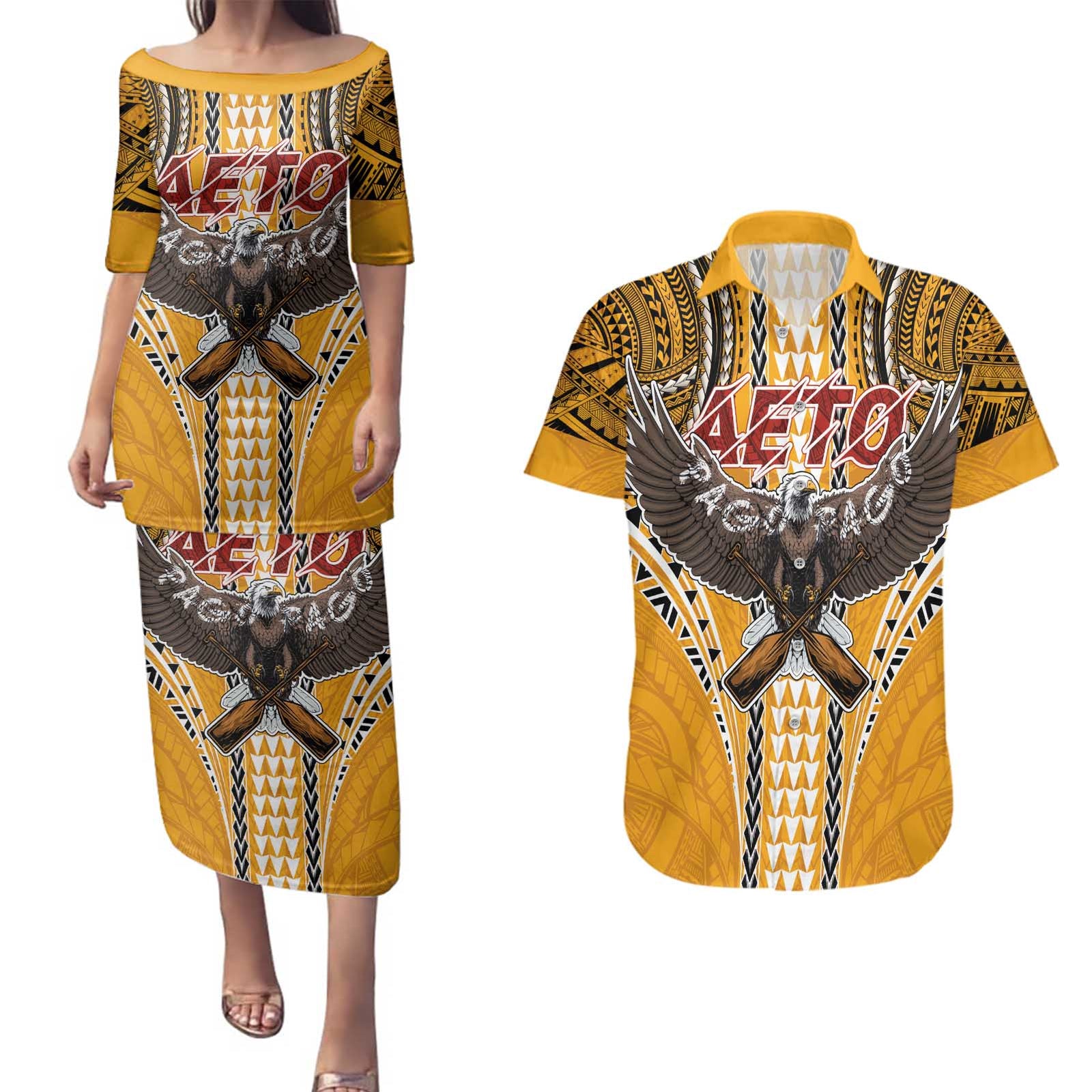 Samoa Pago Pago Aeto Couples Matching Puletasi and Hawaiian Shirt Bald Eagle with Polynesian Art Tattoos - Polynesian Pride