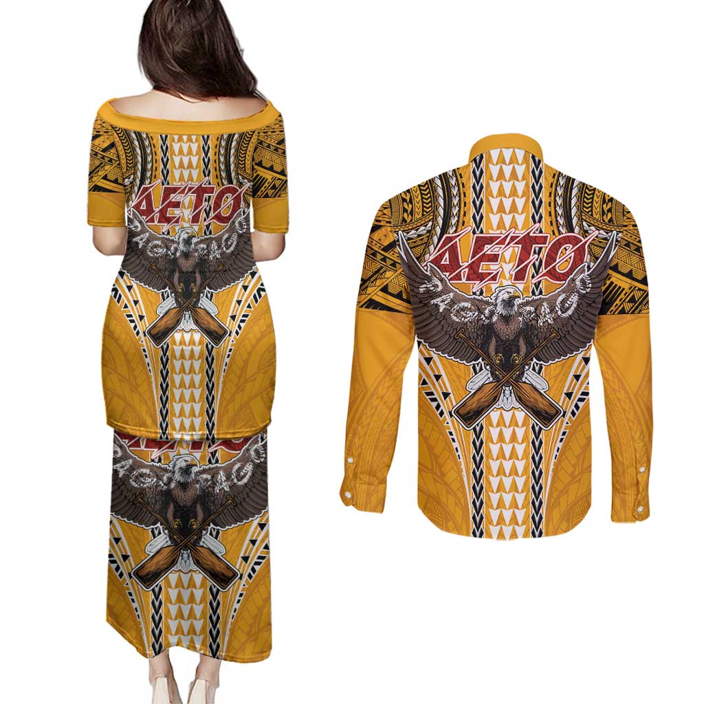 Samoa Pago Pago Aeto Couples Matching Puletasi and Long Sleeve Button Shirt Bald Eagle with Polynesian Art Tattoos - Polynesian Pride
