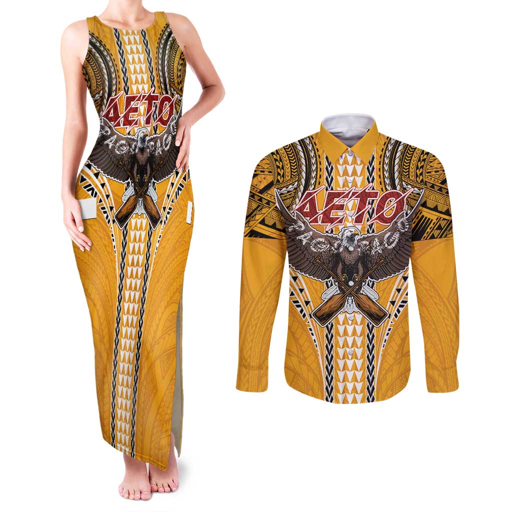 Samoa Pago Pago Aeto Couples Matching Tank Maxi Dress and Long Sleeve Button Shirt Bald Eagle with Polynesian Art Tattoos - Polynesian Pride