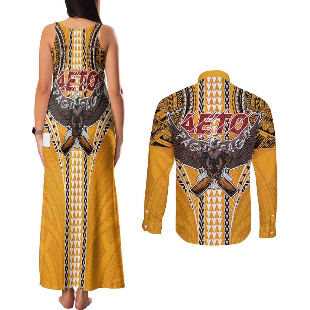 Samoa Pago Pago Aeto Couples Matching Tank Maxi Dress and Long Sleeve Button Shirt Bald Eagle with Polynesian Art Tattoos - Polynesian Pride