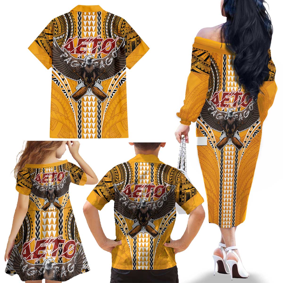 Samoa Pago Pago Aeto Family Matching Off The Shoulder Long Sleeve Dress and Hawaiian Shirt Bald Eagle with Polynesian Art Tattoos - Polynesian Pride