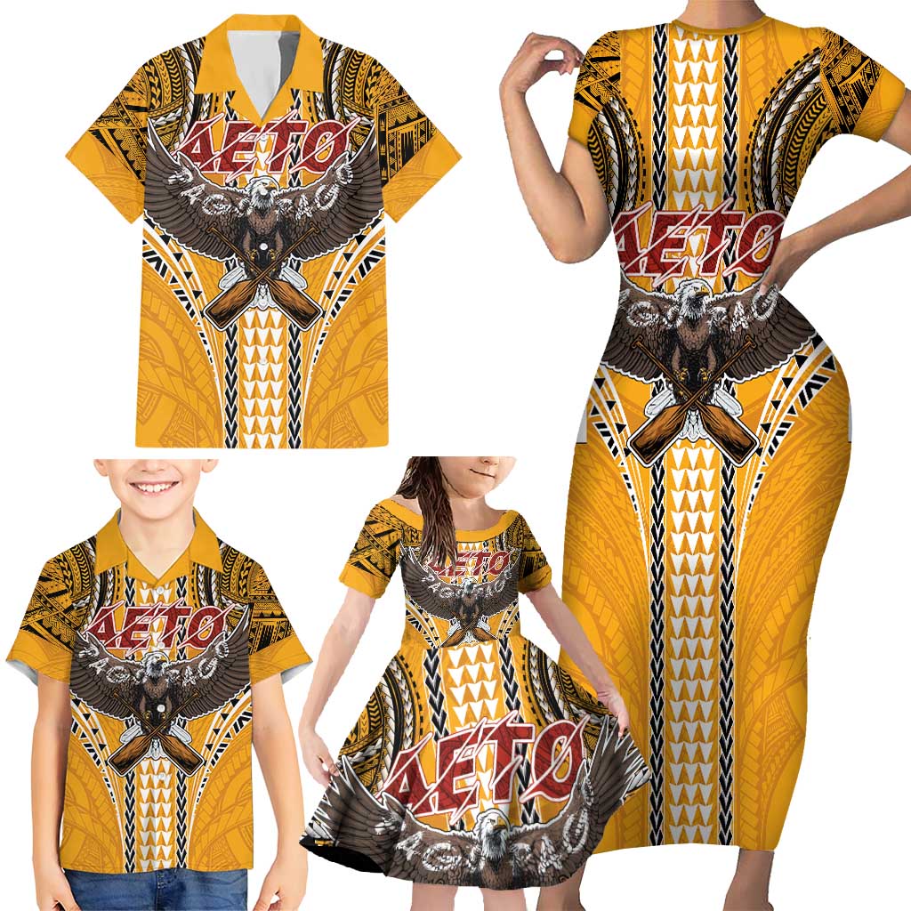 Samoa Pago Pago Aeto Family Matching Short Sleeve Bodycon Dress and Hawaiian Shirt Bald Eagle with Polynesian Art Tattoos - Polynesian Pride