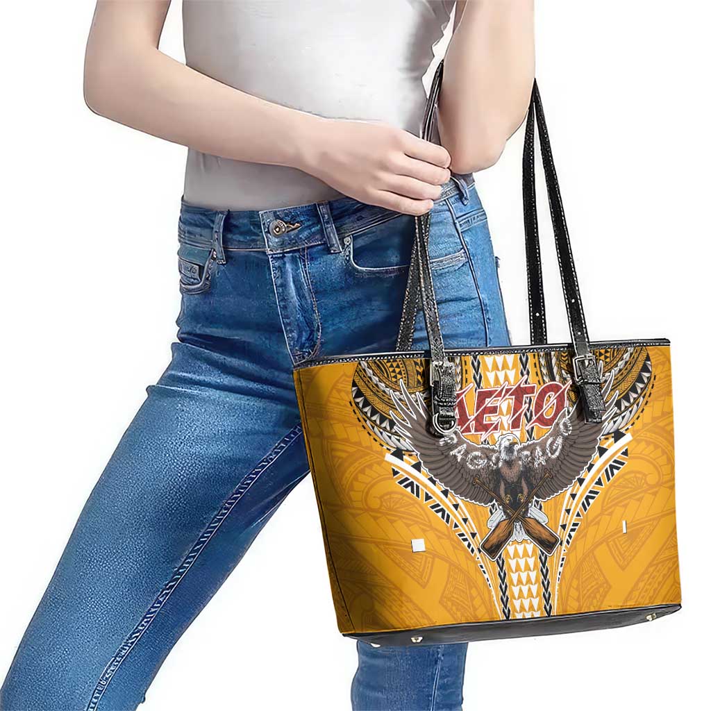 Samoa Pago Pago Aeto Leather Tote Bag Bald Eagle with Polynesian Art Tattoos - Polynesian Pride