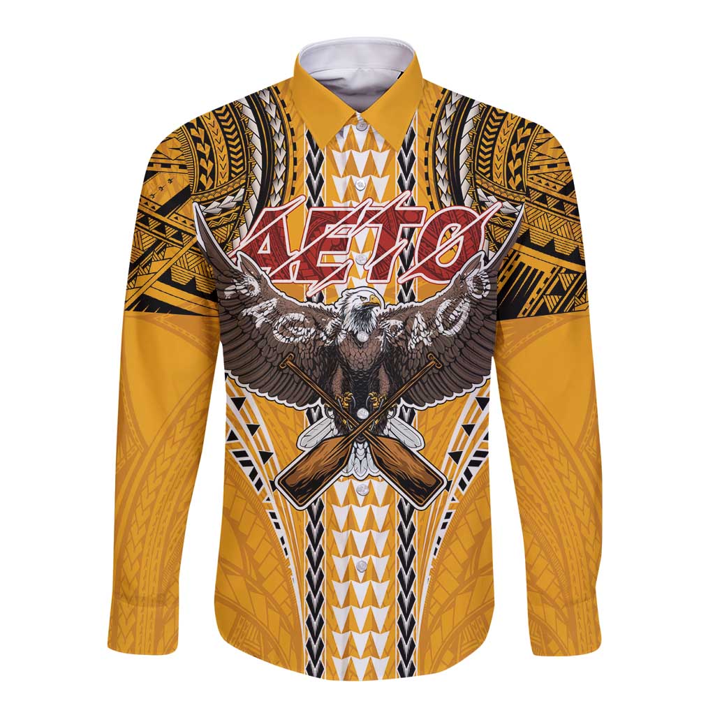 Samoa Pago Pago Aeto Long Sleeve Button Shirt Bald Eagle with Polynesian Art Tattoos - Polynesian Pride