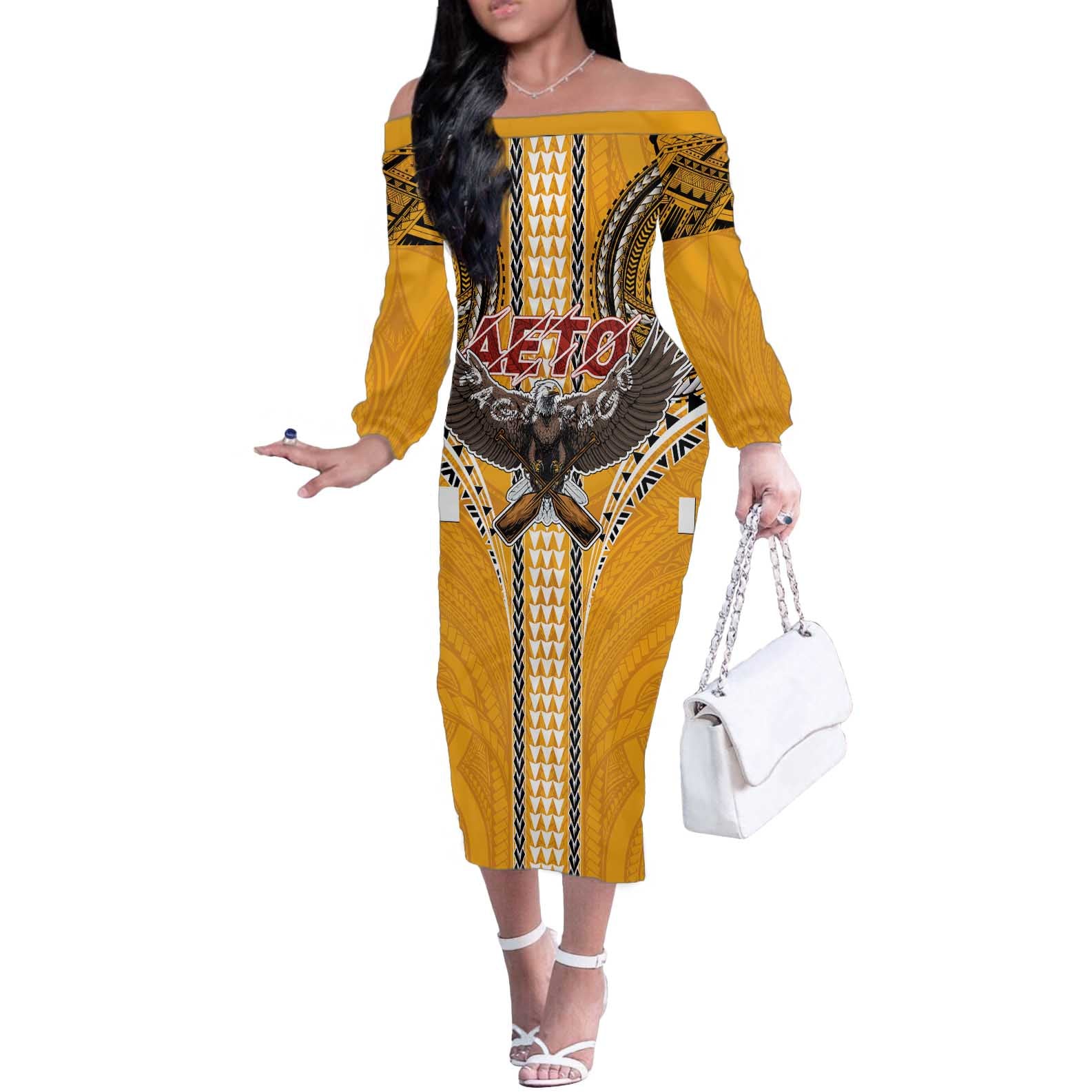 Samoa Pago Pago Aeto Off The Shoulder Long Sleeve Dress Bald Eagle with Polynesian Art Tattoos - Polynesian Pride