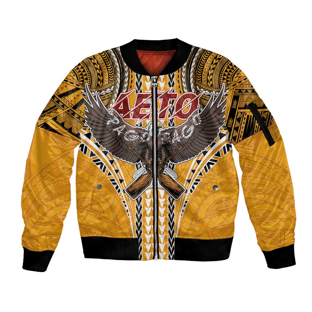 Samoa Pago Pago Aeto Sleeve Zip Bomber Jacket Bald Eagle with Polynesian Art Tattoos - Polynesian Pride