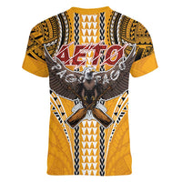 Samoa Pago Pago Aeto Women V-Neck T-Shirt Bald Eagle with Polynesian Art Tattoos - Polynesian Pride