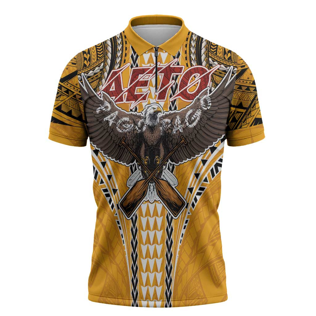 Samoa Pago Pago Aeto Zipper Polo Shirt Bald Eagle with Polynesian Art Tattoos - Polynesian Pride
