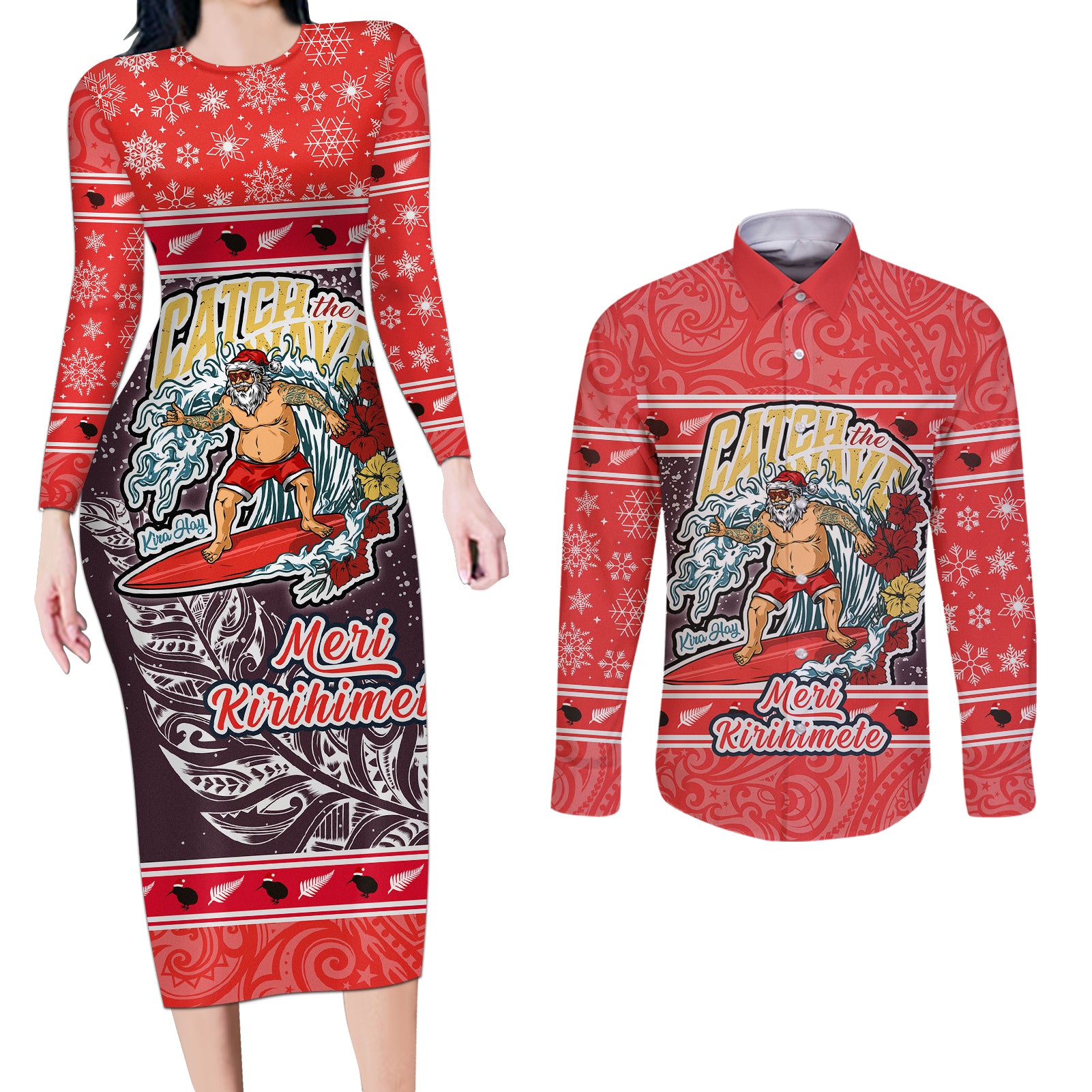 new-zealand-christmas-couples-matching-long-sleeve-bodycon-dress-and-long-sleeve-button-shirts-santa-catch-the-wave-maori-pattern-retro-style