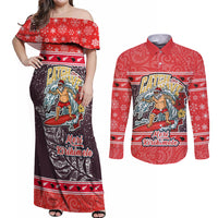 New Zealand Christmas Couples Matching Off Shoulder Maxi Dress and Long Sleeve Button Shirts Santa Catch The Wave Maori Pattern Retro Style LT03 Red - Polynesian Pride