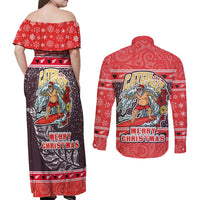 New Zealand Christmas Couples Matching Off Shoulder Maxi Dress and Long Sleeve Button Shirts Santa Catch The Wave Maori Pattern Retro Style LT03 - Polynesian Pride