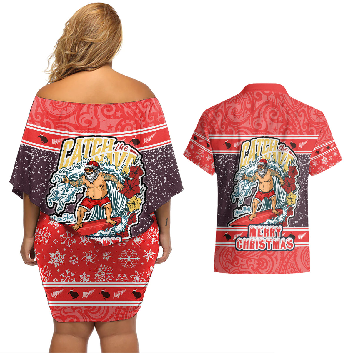 new-zealand-christmas-couples-matching-off-shoulder-short-dress-and-hawaiian-shirt-santa-catch-the-wave-maori-pattern-retro-style