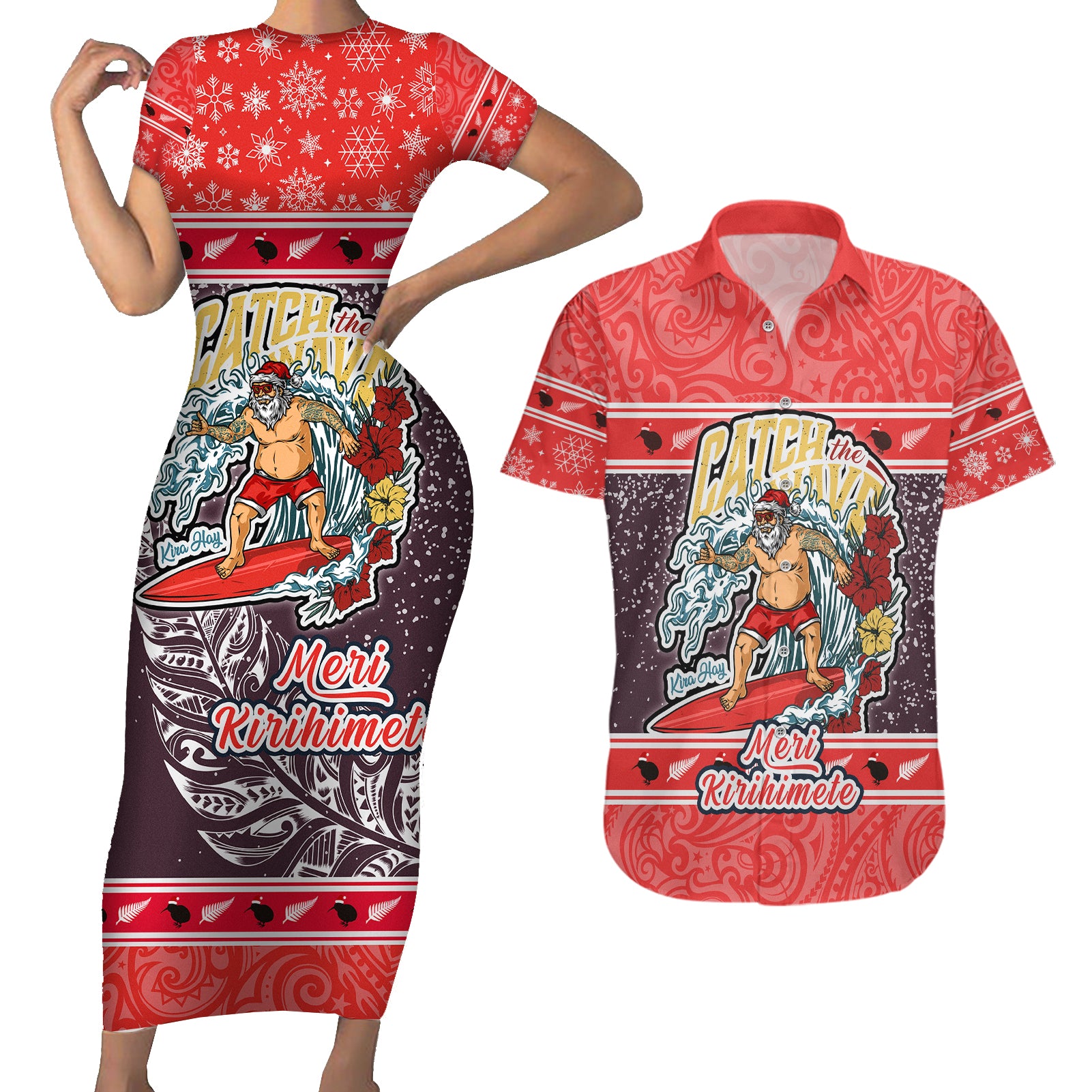 new-zealand-christmas-couples-matching-short-sleeve-bodycon-dress-and-hawaiian-shirt-santa-catch-the-wave-maori-pattern-retro-style