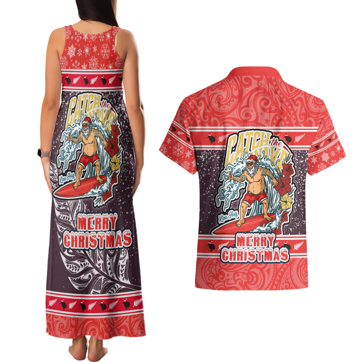 New Zealand Christmas Couples Matching Tank Maxi Dress and Hawaiian Shirt Santa Catch The Wave Maori Pattern Retro Style LT03 - Polynesian Pride