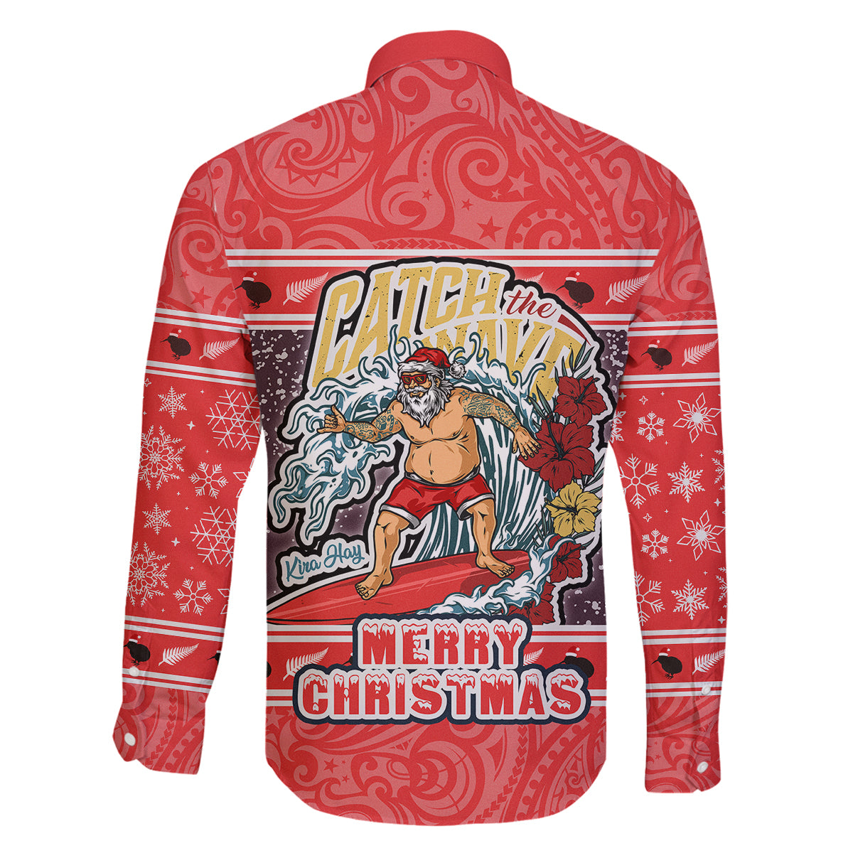 New Zealand Christmas Family Matching Mermaid Dress and Hawaiian Shirt Santa Catch The Wave Maori Pattern Retro Style LT03 - Polynesian Pride