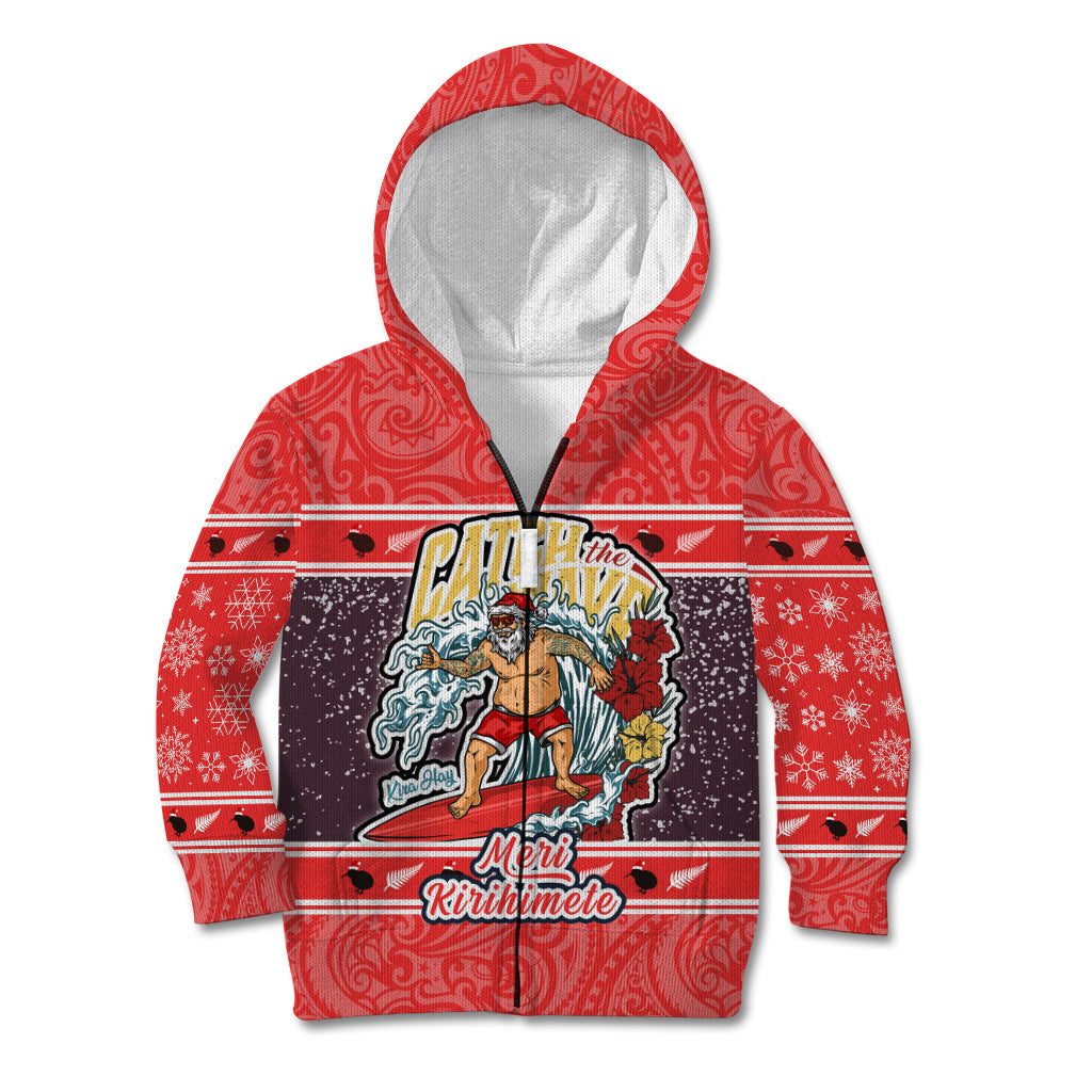 New Zealand Christmas Kid Hoodie Santa Catch The Wave Maori Pattern Retro Style LT03 Zip Hoodie Red - Polynesian Pride