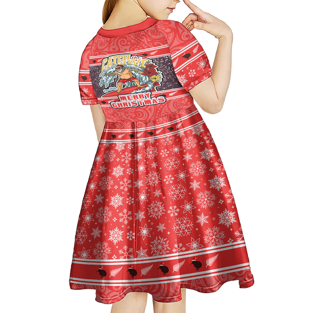New Zealand Christmas Kid Short Sleeve Dress Santa Catch The Wave Maori Pattern Retro Style LT03 - Polynesian Pride