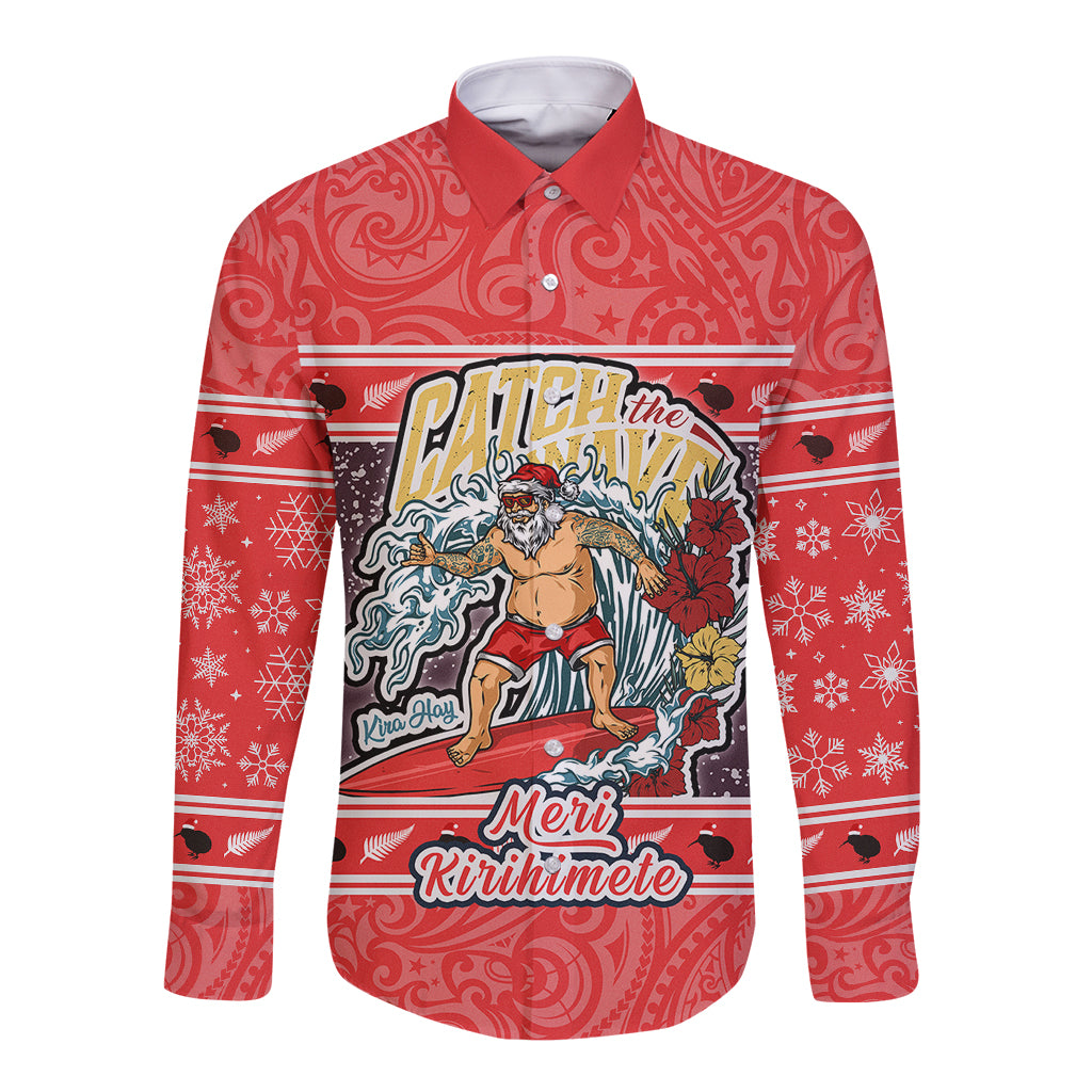 New Zealand Christmas Long Sleeve Button Shirt Santa Catch The Wave Maori Pattern Retro Style LT03 Unisex Red - Polynesian Pride