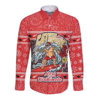 New Zealand Christmas Long Sleeve Button Shirt Santa Catch The Wave Maori Pattern Retro Style LT03 Unisex Red - Polynesian Pride