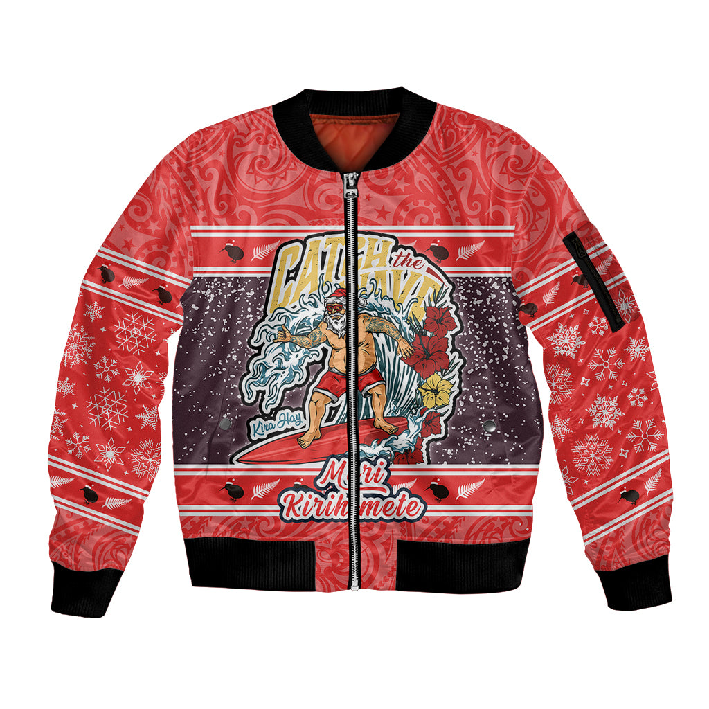 New Zealand Christmas Sleeve Zip Bomber Jacket Santa Catch The Wave Maori Pattern Retro Style LT03 Unisex Red - Polynesian Pride
