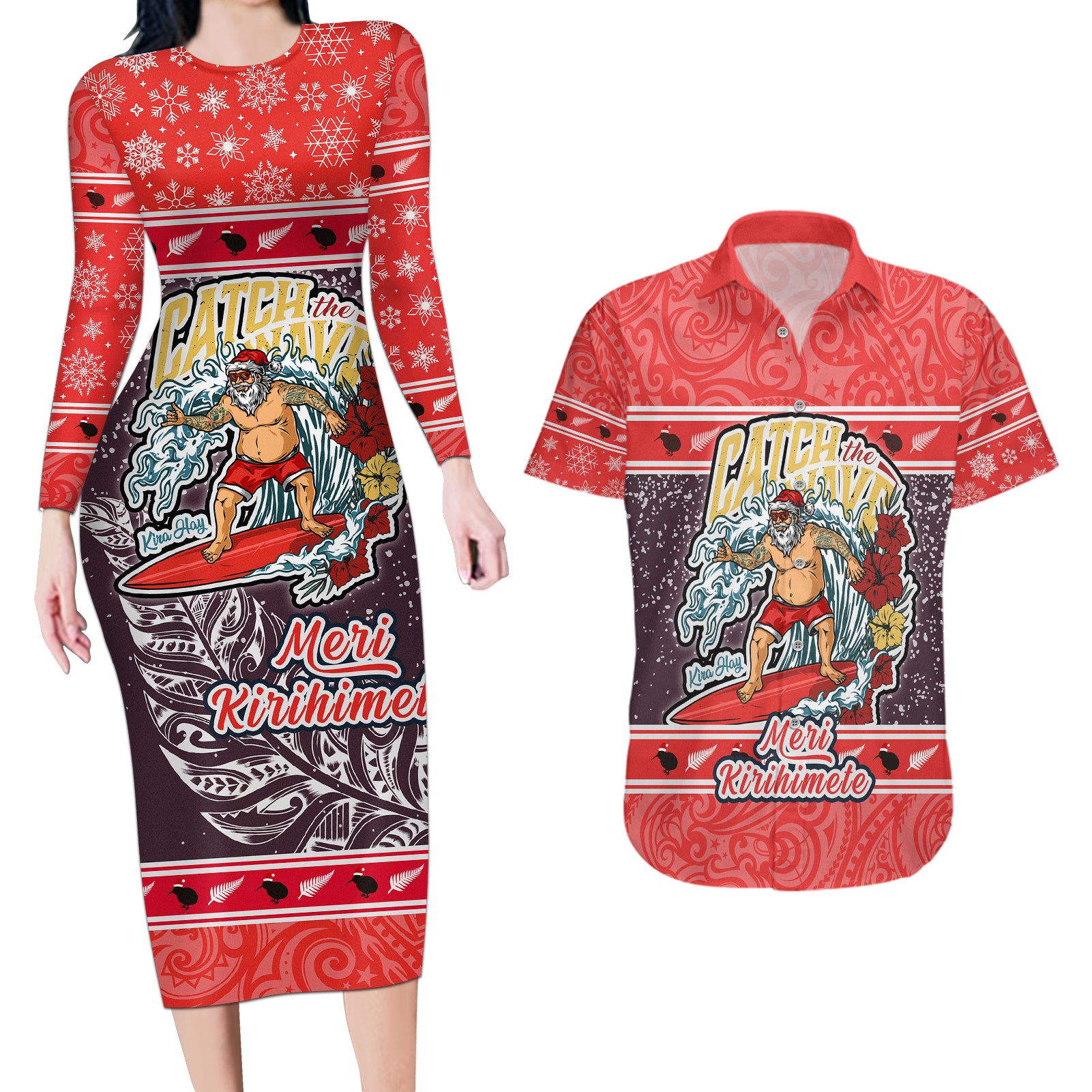 Custom New Zealand Christmas Couples Matching Long Sleeve Bodycon Dress and Hawaiian Shirt Santa Catch The Wave Maori Pattern Retro Style LT03 Red - Polynesian Pride