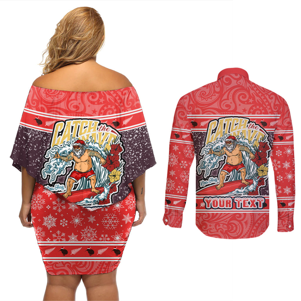 custom-new-zealand-christmas-couples-matching-off-shoulder-short-dress-and-long-sleeve-button-shirts-santa-catch-the-wave-maori-pattern-retro-style