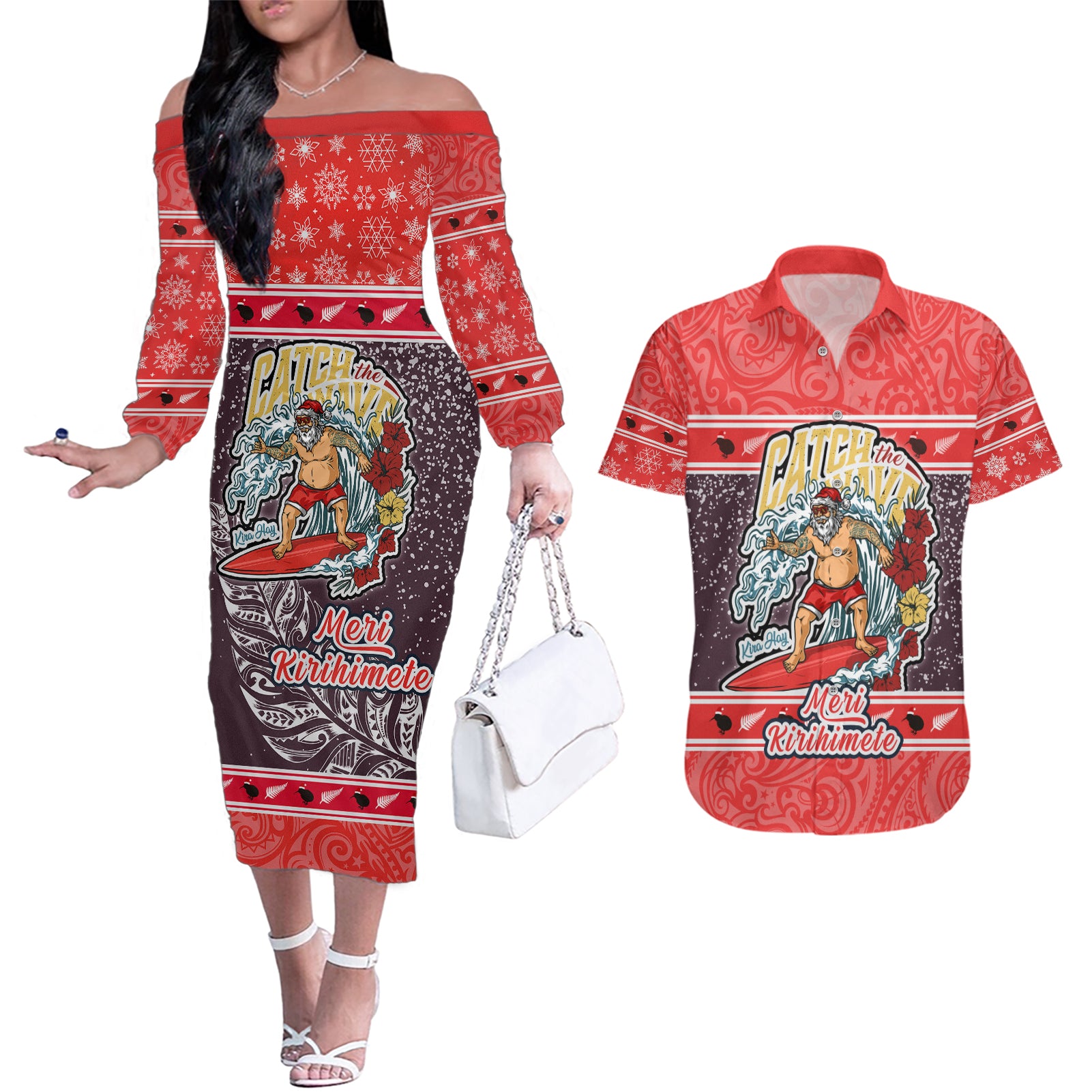 custom-new-zealand-christmas-couples-matching-off-the-shoulder-long-sleeve-dress-and-hawaiian-shirt-santa-catch-the-wave-maori-pattern-retro-style