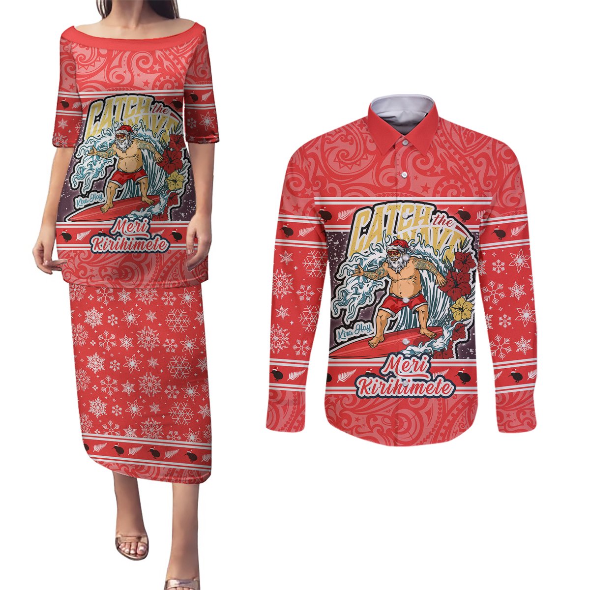 Custom New Zealand Christmas Couples Matching Puletasi Dress and Long Sleeve Button Shirts Santa Catch The Wave Maori Pattern Retro Style LT03 Red - Polynesian Pride