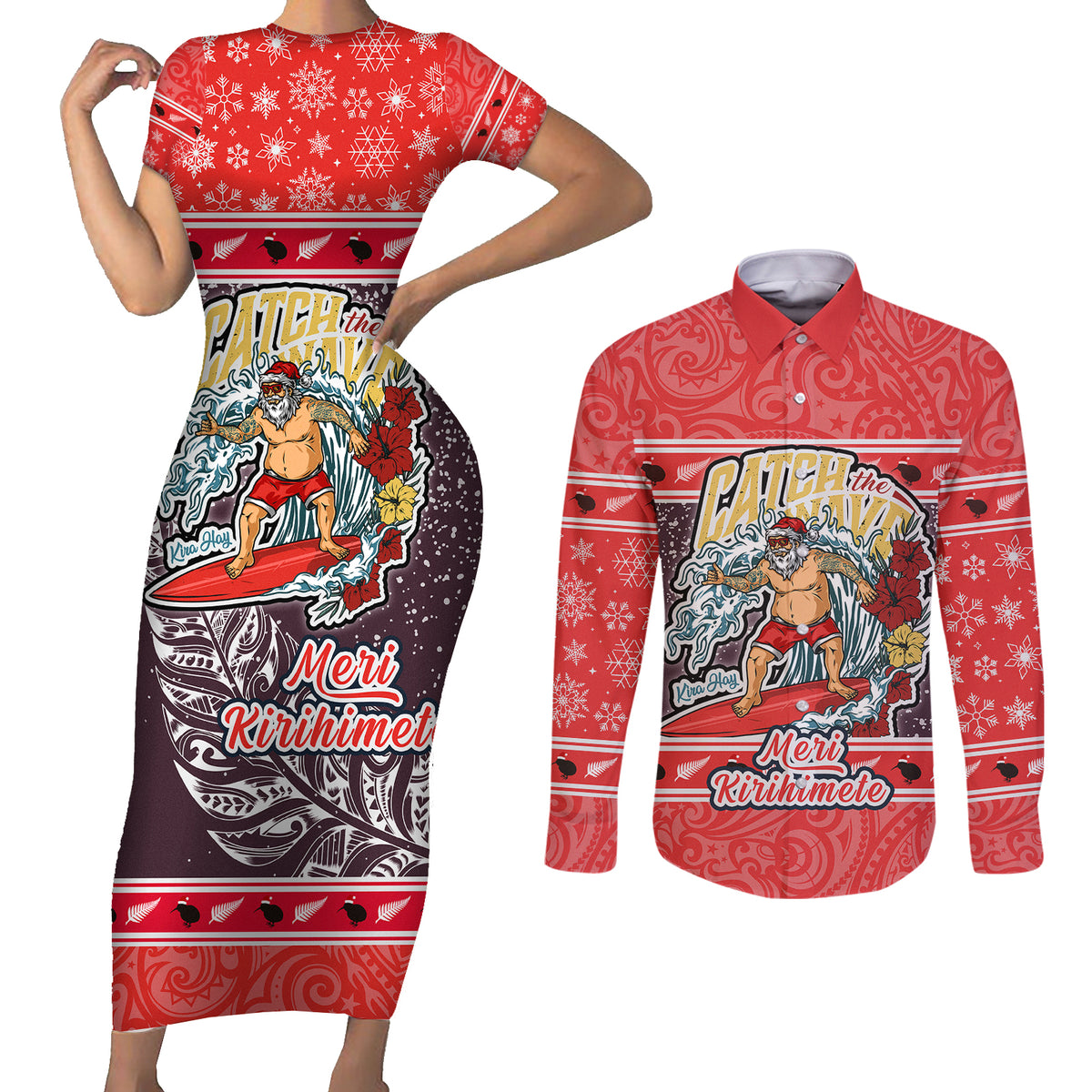 Custom New Zealand Christmas Couples Matching Short Sleeve Bodycon Dress and Long Sleeve Button Shirts Santa Catch The Wave Maori Pattern Retro Style LT03 Red - Polynesian Pride