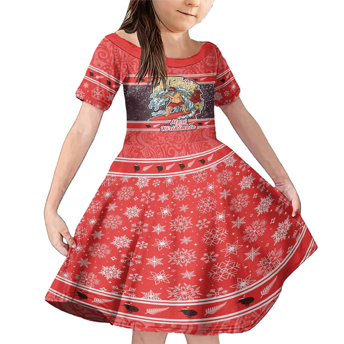 Custom New Zealand Christmas Family Matching Mermaid Dress and Hawaiian Shirt Santa Catch The Wave Maori Pattern Retro Style LT03 Daughter's Dress Red - Polynesian Pride