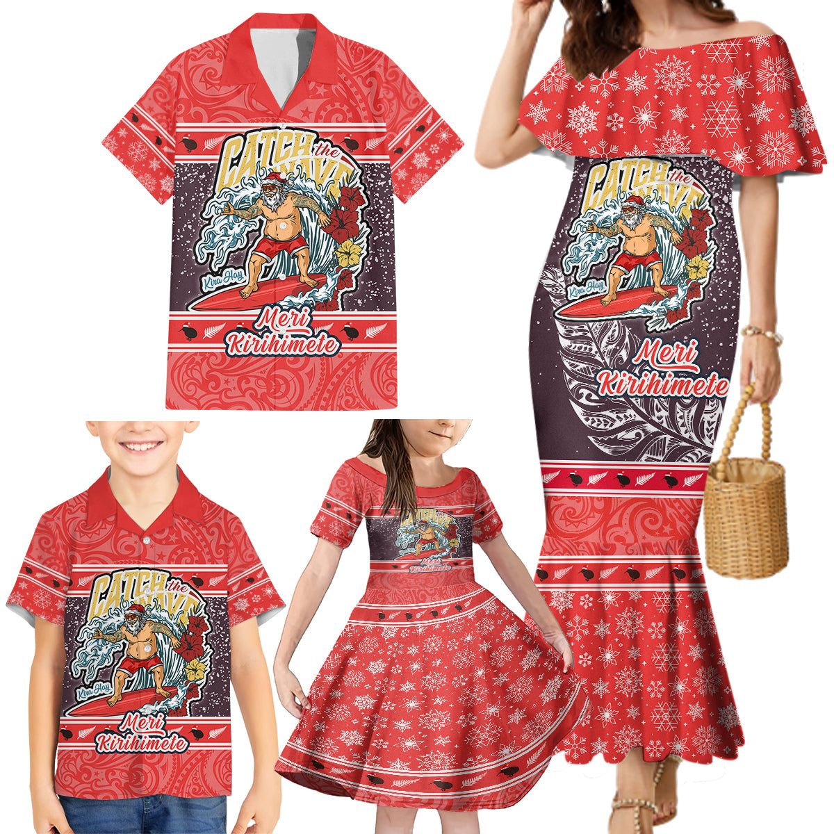 Custom New Zealand Christmas Family Matching Mermaid Dress and Hawaiian Shirt Santa Catch The Wave Maori Pattern Retro Style LT03 - Polynesian Pride