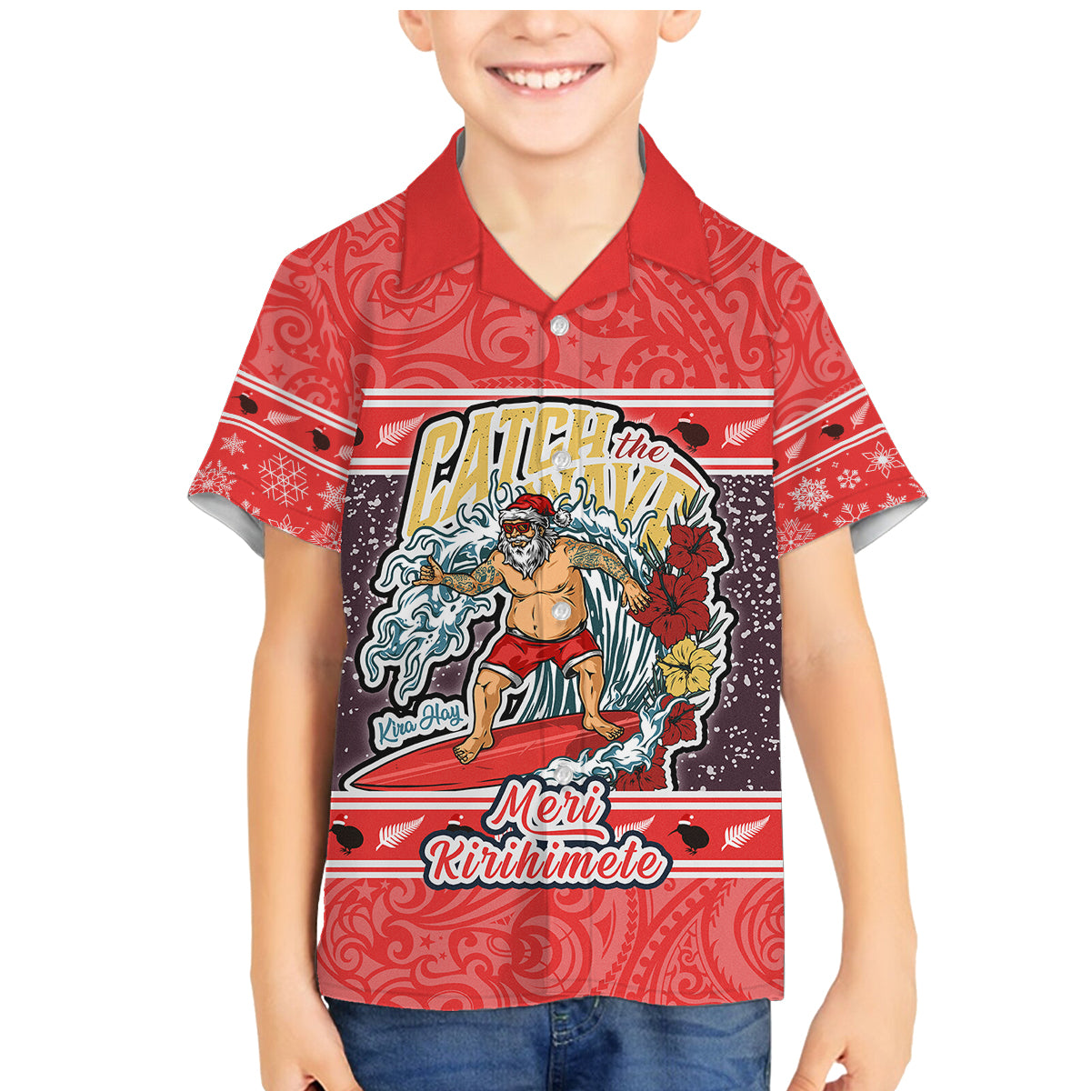 Custom New Zealand Christmas Family Matching Mermaid Dress and Hawaiian Shirt Santa Catch The Wave Maori Pattern Retro Style LT03 Son's Shirt Red - Polynesian Pride