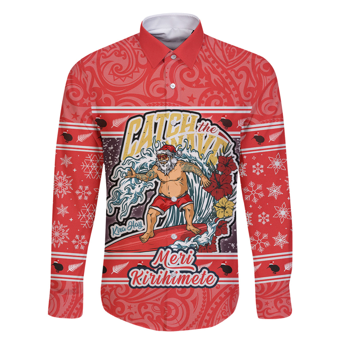 Custom New Zealand Christmas Family Matching Off Shoulder Short Dress and Hawaiian Shirt Santa Catch The Wave Maori Pattern Retro Style LT03 Dad's Shirt - Long Sleeve Red - Polynesian Pride