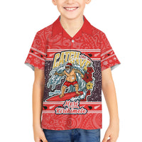 Custom New Zealand Christmas Family Matching Off Shoulder Short Dress and Hawaiian Shirt Santa Catch The Wave Maori Pattern Retro Style LT03 Son's Shirt Red - Polynesian Pride