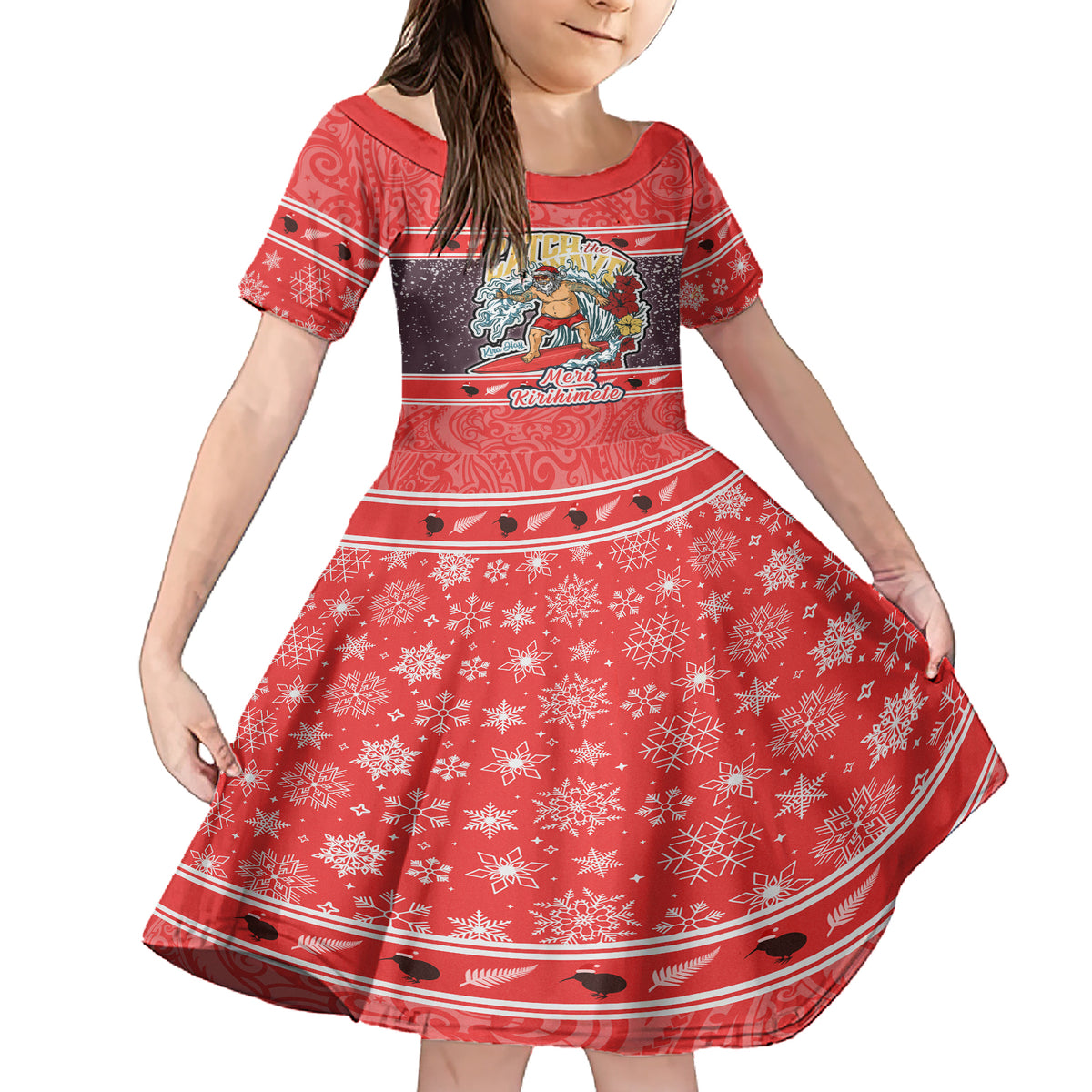 Custom New Zealand Christmas Family Matching Short Sleeve Bodycon Dress and Hawaiian Shirt Santa Catch The Wave Maori Pattern Retro Style LT03 Daughter's Dress Red - Polynesian Pride
