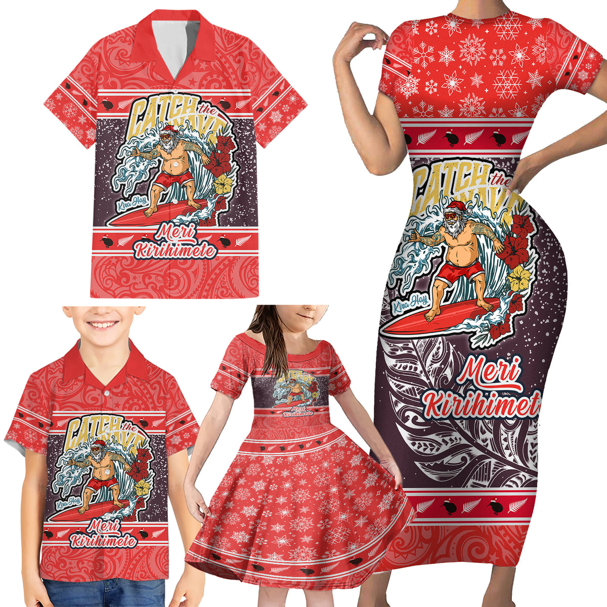 Custom New Zealand Christmas Family Matching Short Sleeve Bodycon Dress and Hawaiian Shirt Santa Catch The Wave Maori Pattern Retro Style LT03 - Polynesian Pride