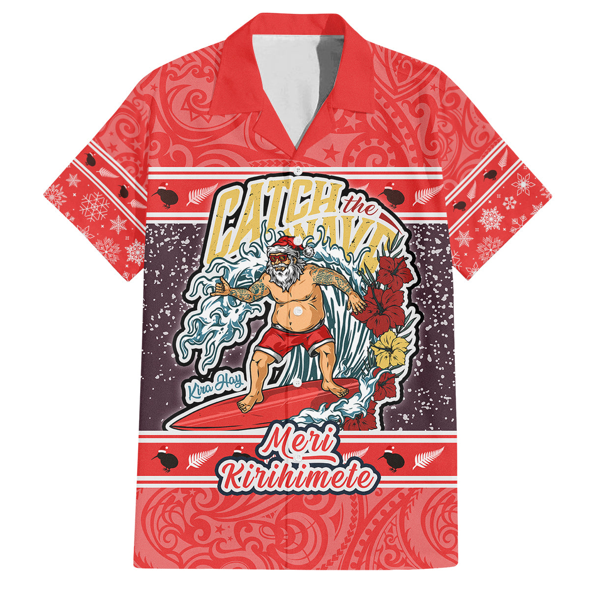 Custom New Zealand Christmas Family Matching Tank Maxi Dress and Hawaiian Shirt Santa Catch The Wave Maori Pattern Retro Style LT03 Dad's Shirt - Short Sleeve Red - Polynesian Pride