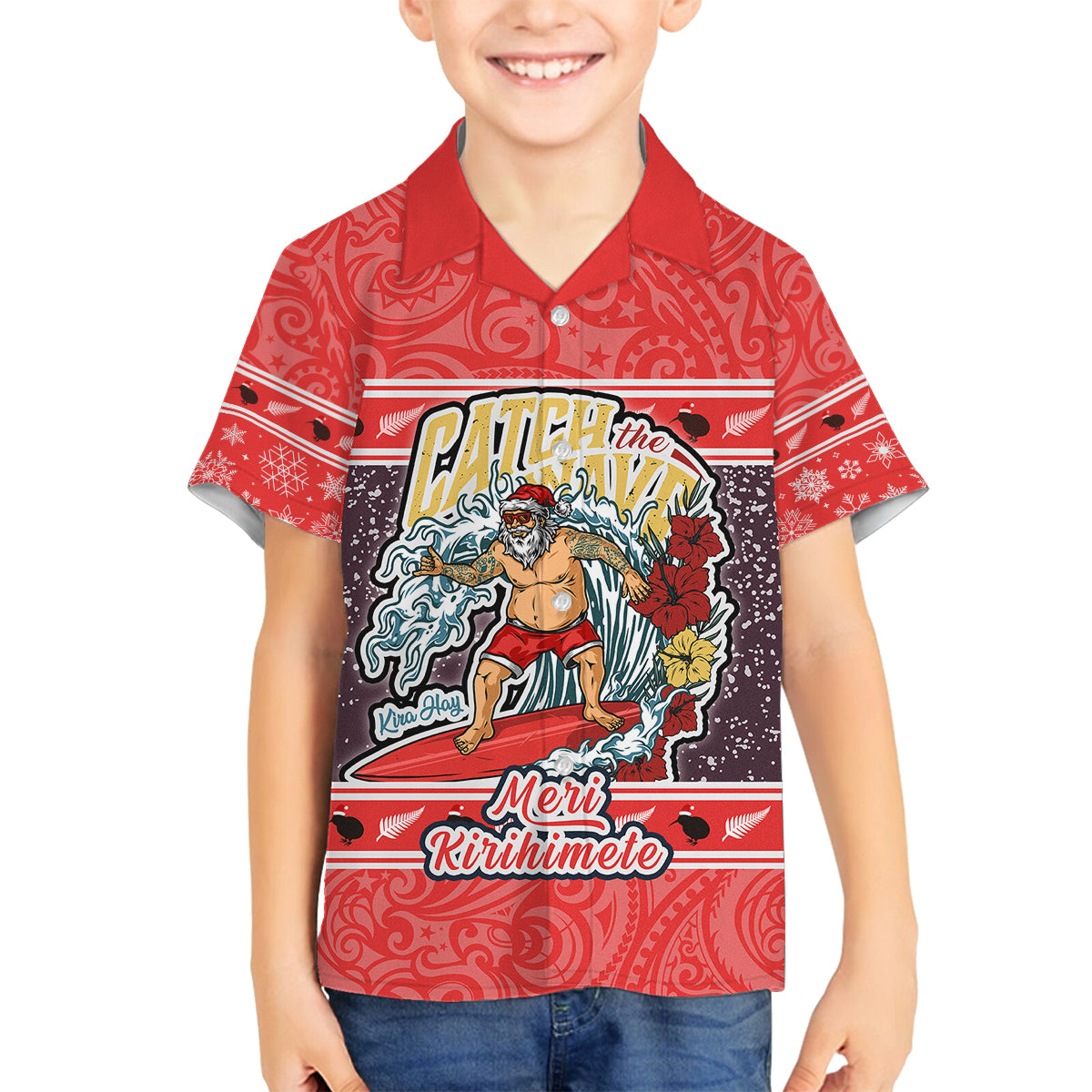 Custom New Zealand Christmas Family Matching Tank Maxi Dress and Hawaiian Shirt Santa Catch The Wave Maori Pattern Retro Style LT03 Son's Shirt Red - Polynesian Pride