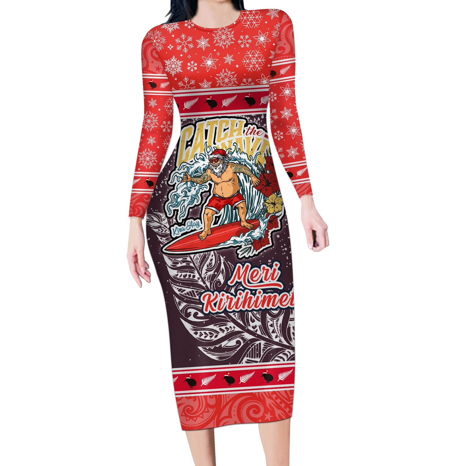 Custom New Zealand Christmas Long Sleeve Bodycon Dress Santa Catch The Wave Maori Pattern Retro Style LT03 Long Dress Red - Polynesian Pride