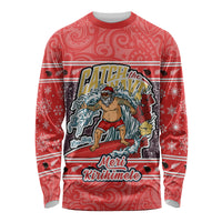 Custom New Zealand Christmas Long Sleeve Shirt Santa Catch The Wave Maori Pattern Retro Style LT03 Unisex Red - Polynesian Pride